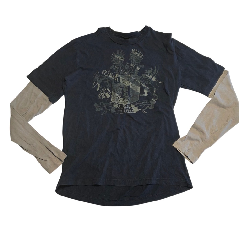 Hurley Long Sleeve T-Shirt Graphic Blue W/Gray‎ Sleeves Gothic Womens Large